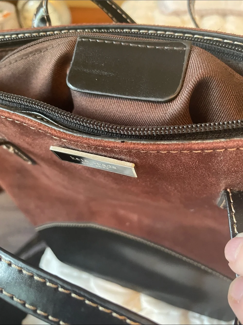 kate spade Two-Tone Suede and Leather Messenger Bag in Brown and Black